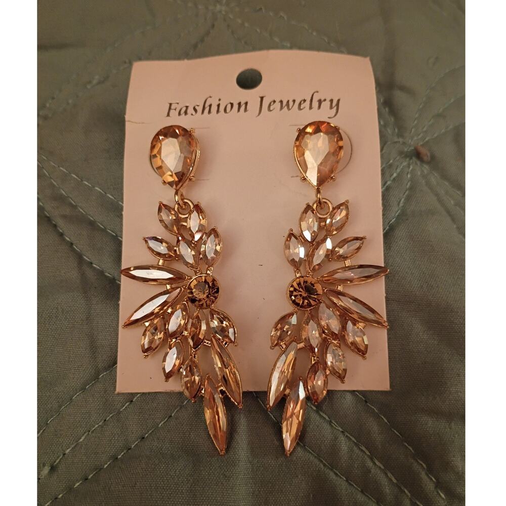 Gold Tone Champagne Simulated Crystal Rhinestone Marquise Dangle Earrings
